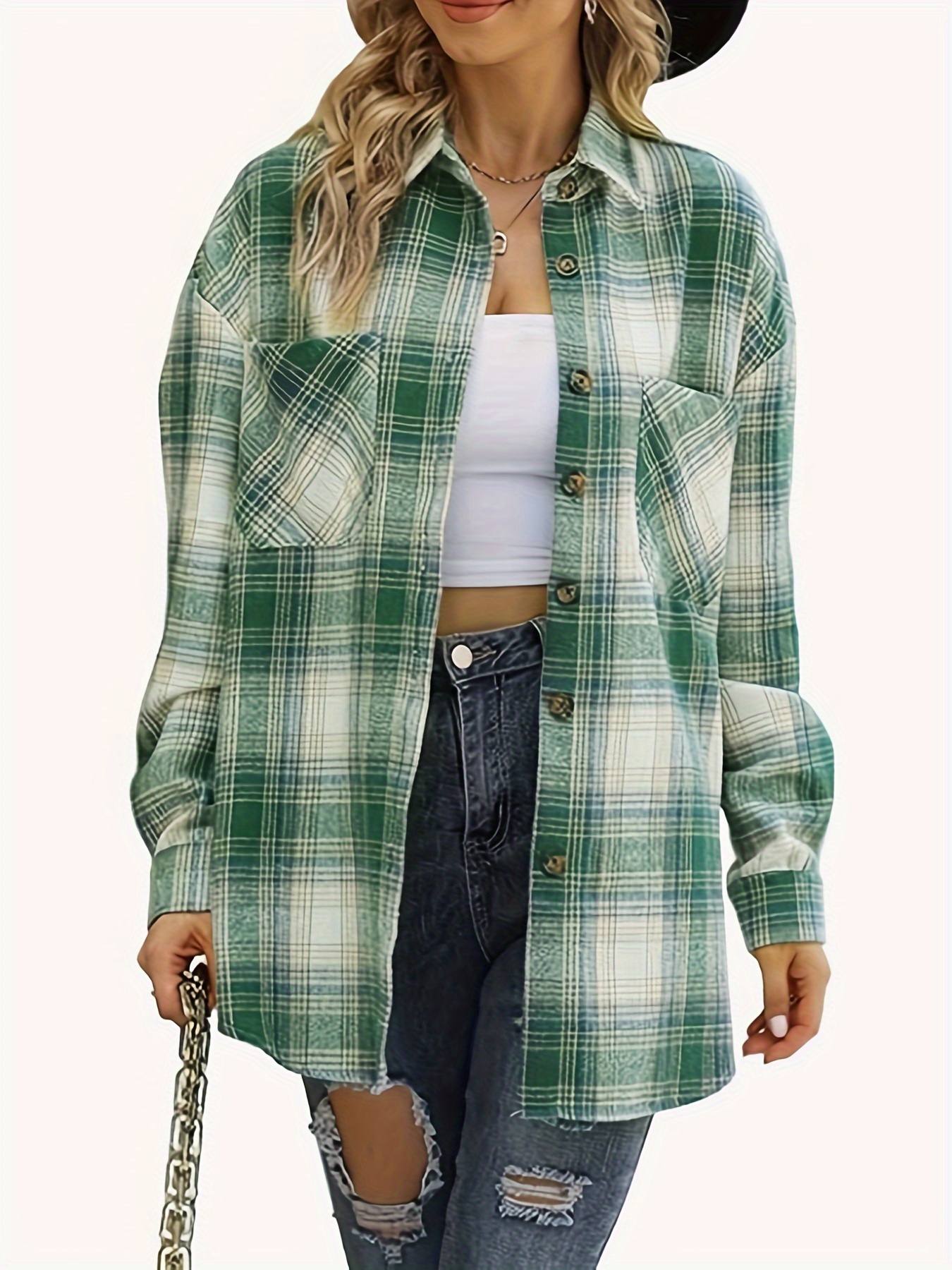 plaid print single breasted shirt versatile long sleeve pockets shirt for fall winter womens clothing details 0