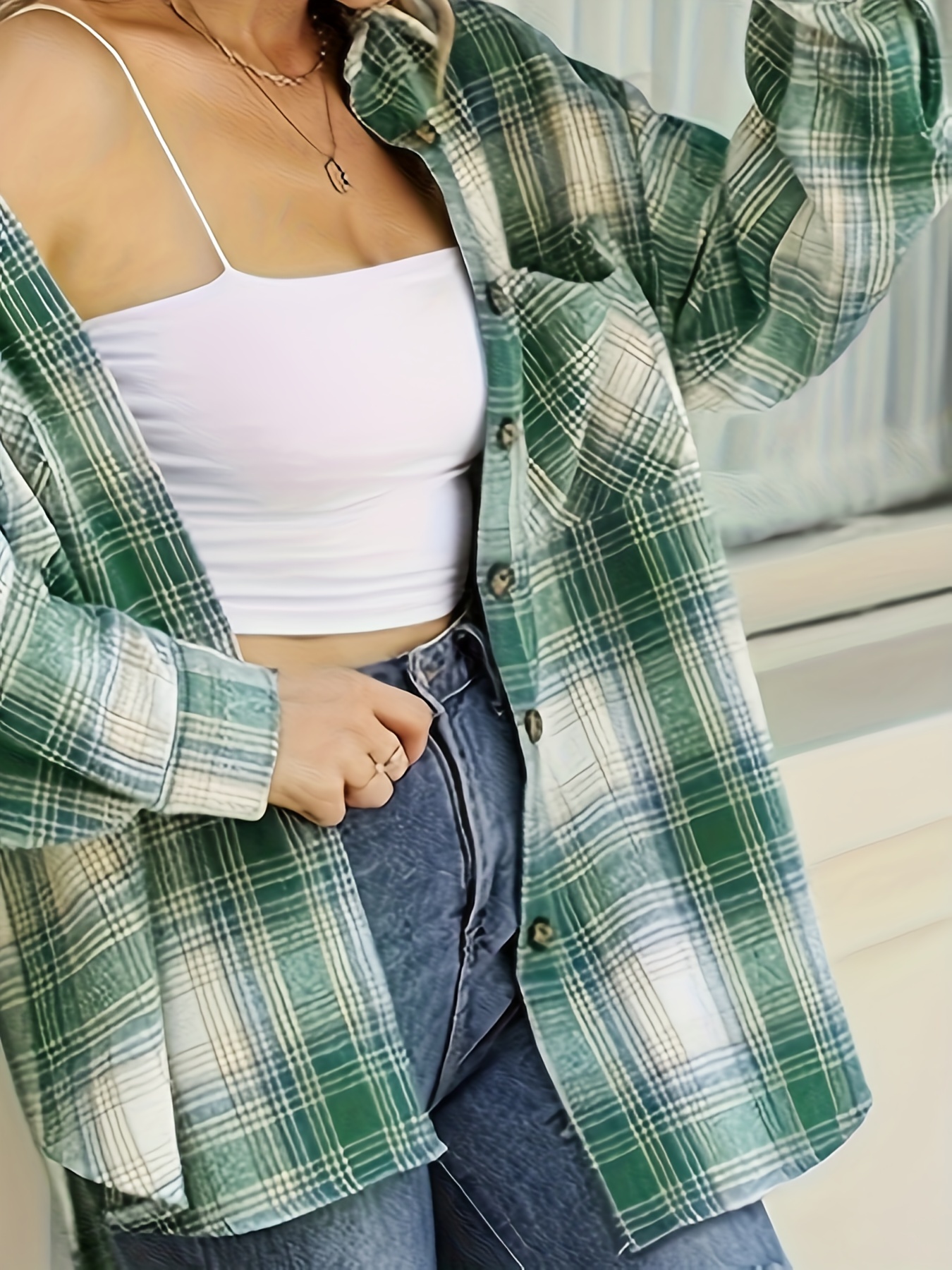 plaid print single breasted shirt versatile long sleeve pockets shirt for fall winter womens clothing details 4